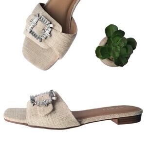ESPRIT Averie Slide Sandal Size 9 Rhinestone Buckle Flat Natural Linen Beige